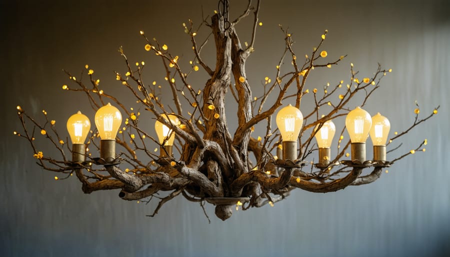 Handcrafted branch chandelier casting a warm glow in a dining room