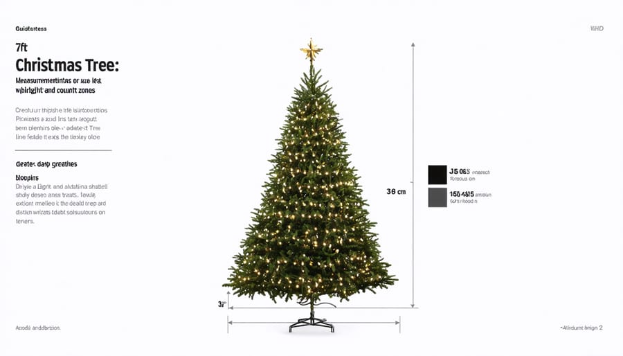 Diagram of a 7ft Christmas tree showing recommended light placement and counts per section