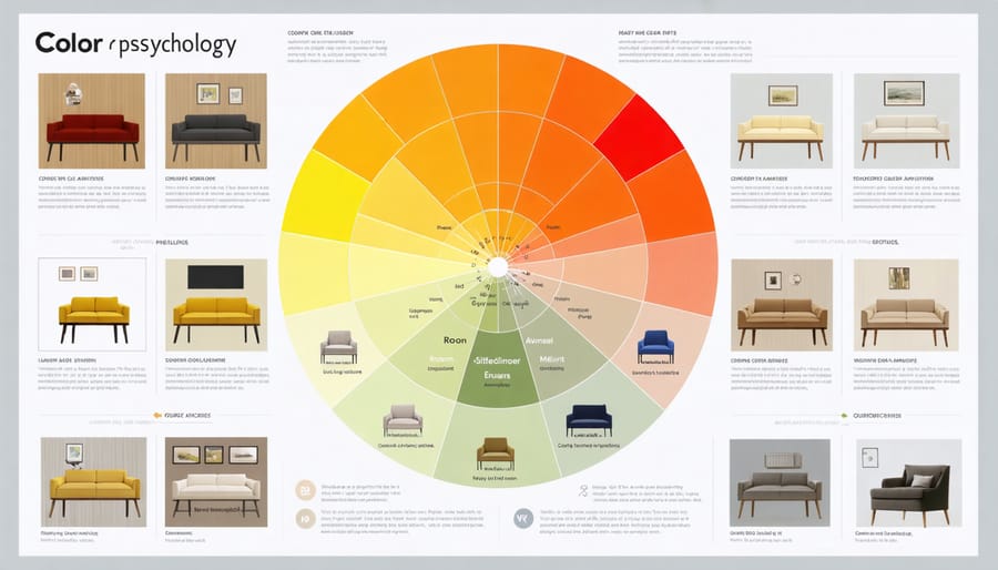 Color wheel diagram with corresponding room designs showing emotional impact