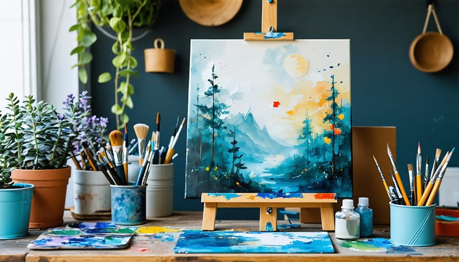 DIY art workspace with personal projects and crafting materials