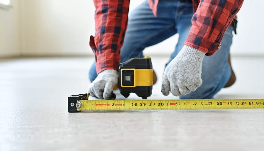 Homeowner performing DIY floor level assessment with basic tools
