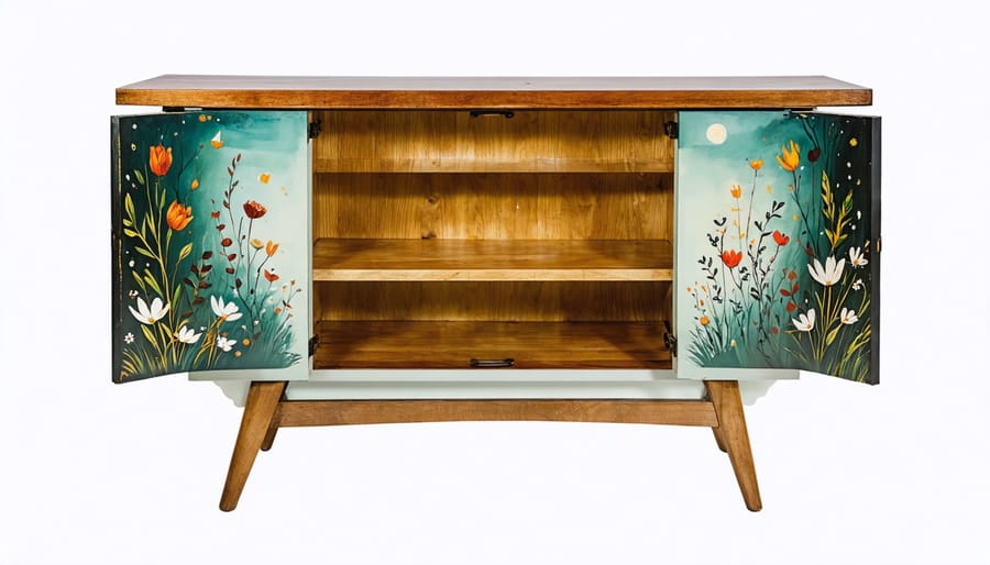 DIY furniture transformation showing vintage cabinet with painted whimsical botanical pattern