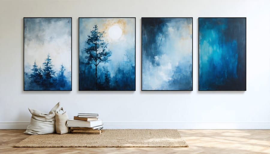 Curated gallery wall displaying diverse artwork collection in a residential space