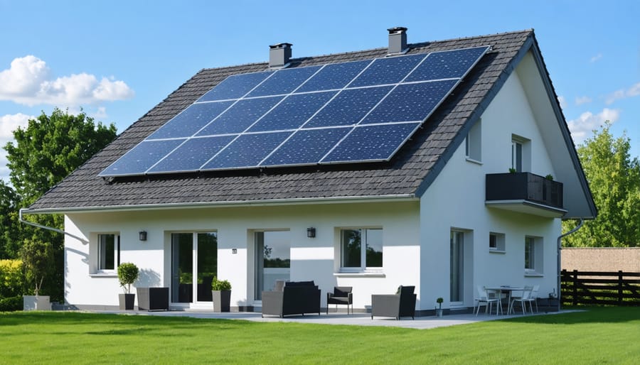 House rooftop with solar panels and visible battery storage unit installation