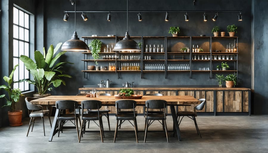 Industrial pendant lights over a rustic wooden dining table with metal chairs