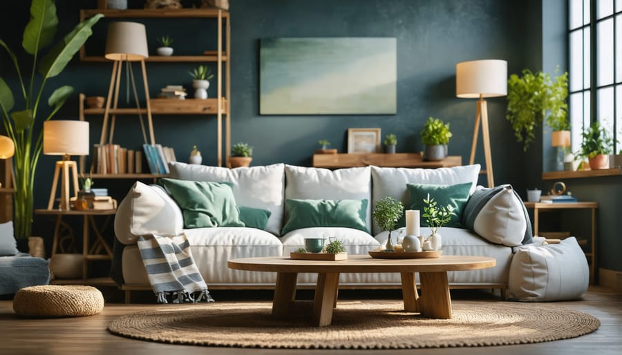 Living room with multiple lighting sources creating a warm and inviting ambiance