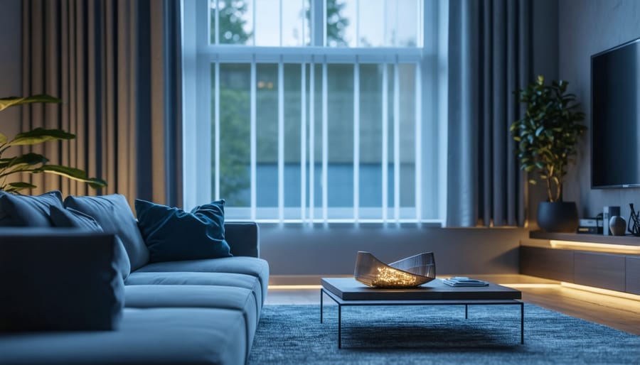 Illuminated smart curtains displaying decorative light patterns in a contemporary living space