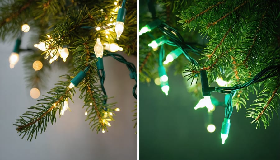 Comparison showing the difference between LED and traditional bulb lighting on Christmas tree branches