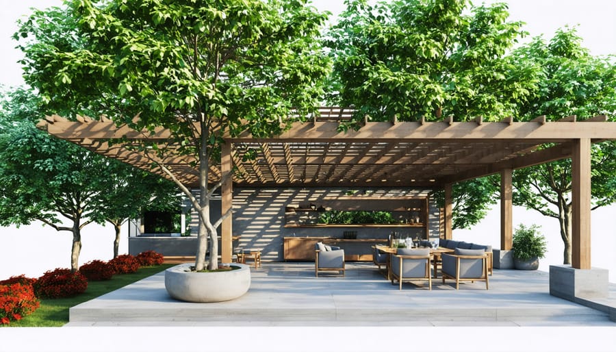 Outdoor living area naturally cooled by thoughtfully placed trees and shade structure