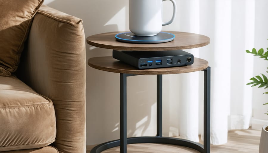 Designer wooden side table with integrated smart charging capabilities