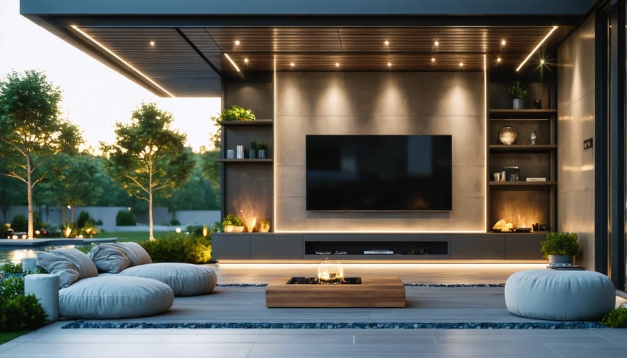 Weather-resistant outdoor entertainment system featuring integrated technology