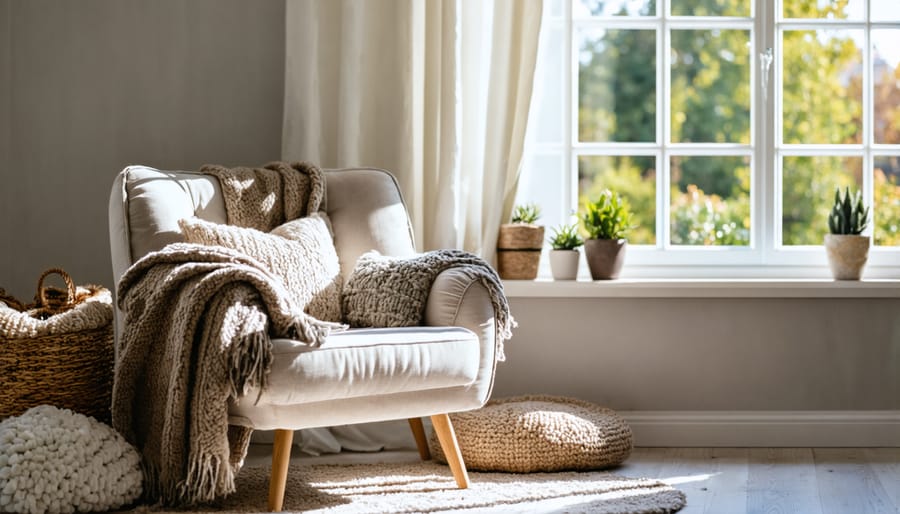Comfortable reading corner with multiple textile layers and natural light