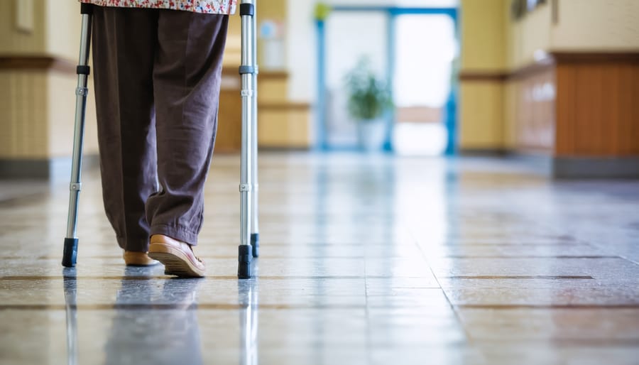Senior citizen carefully navigating an uneven floor with mobility aid