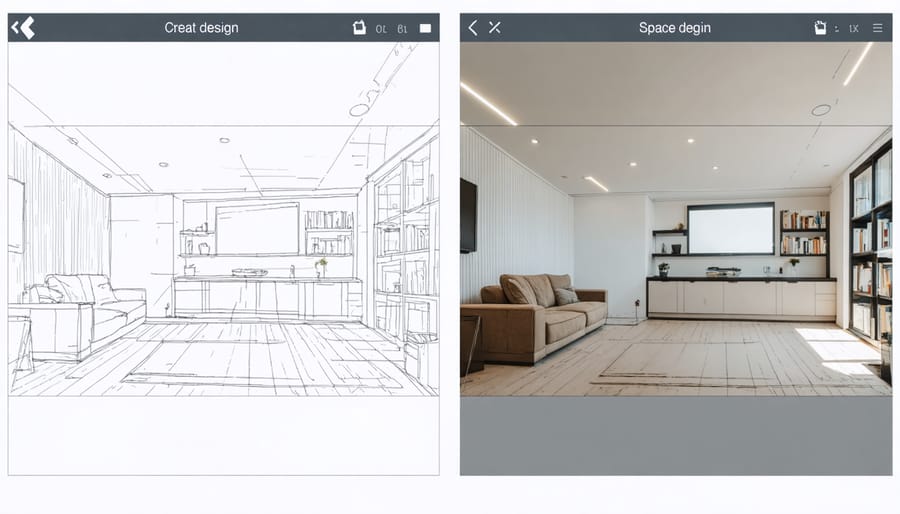 Side-by-side comparison of traditional CAD rendering versus immersive VR visualization of an interior space