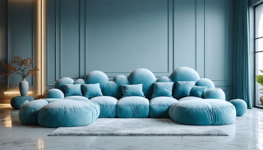 Whimsical cloud sofa in a sophisticated modern living room setting
