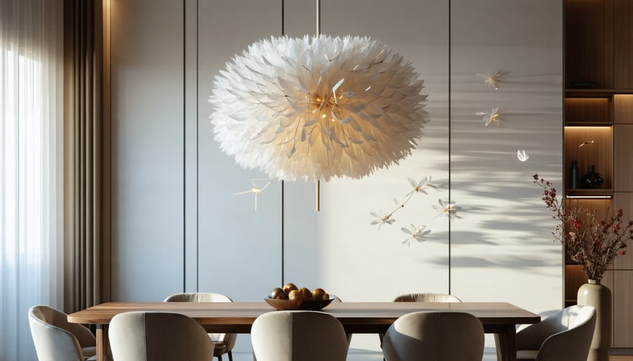 Dramatic dandelion-shaped pendant light fixture in contemporary dining space
