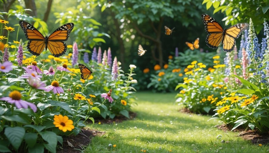 Wildlife-friendly garden featuring native plants with visiting butterflies and birds