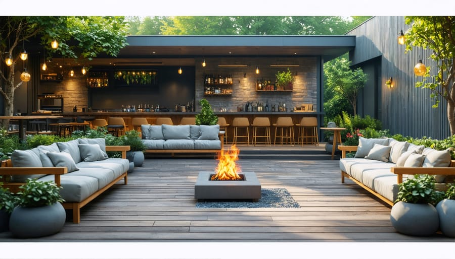 Winter-ready outdoor living space with integrated heating systems and protective screens