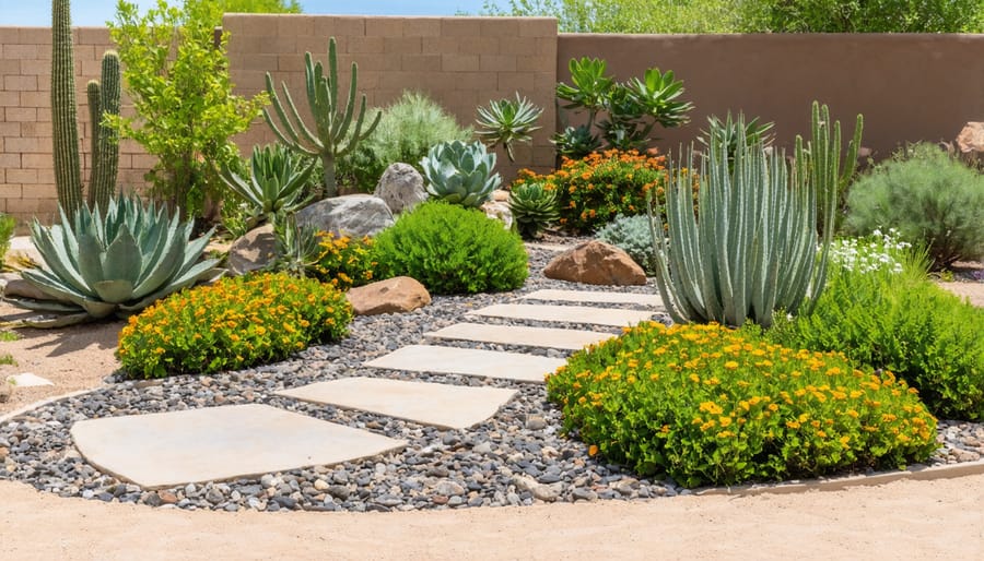 Water-efficient xeriscape garden with native plants and rock features