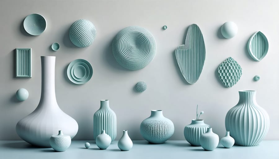 Display of various 3D printed home decor items showing different styles and applications