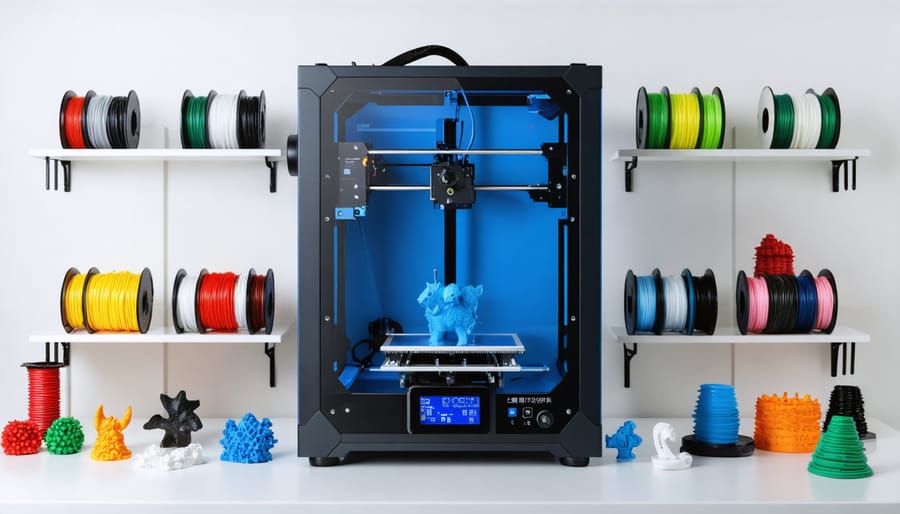 Desktop 3D printer workspace with colorful filament spools and finished home decor items