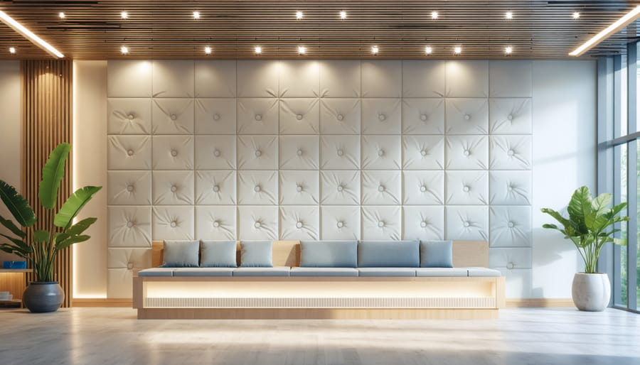 Interior view of a physical therapy clinic showing integrated acoustic design elements