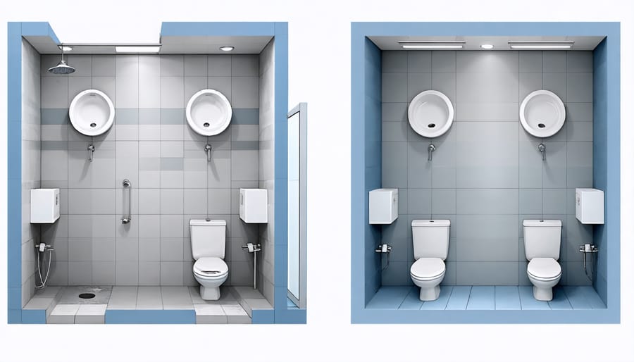 Infographic comparing traditional and universal design bathroom layouts