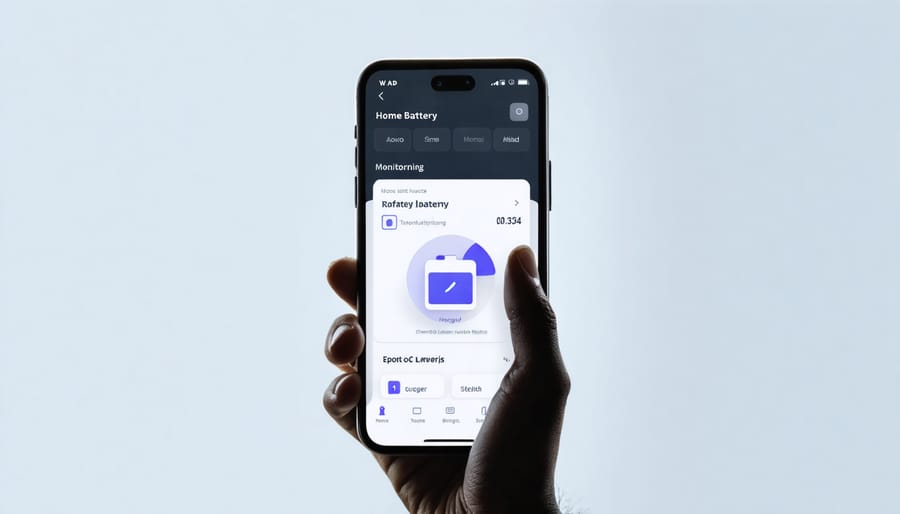 Mobile app interface showing battery charge levels, power consumption, and system controls