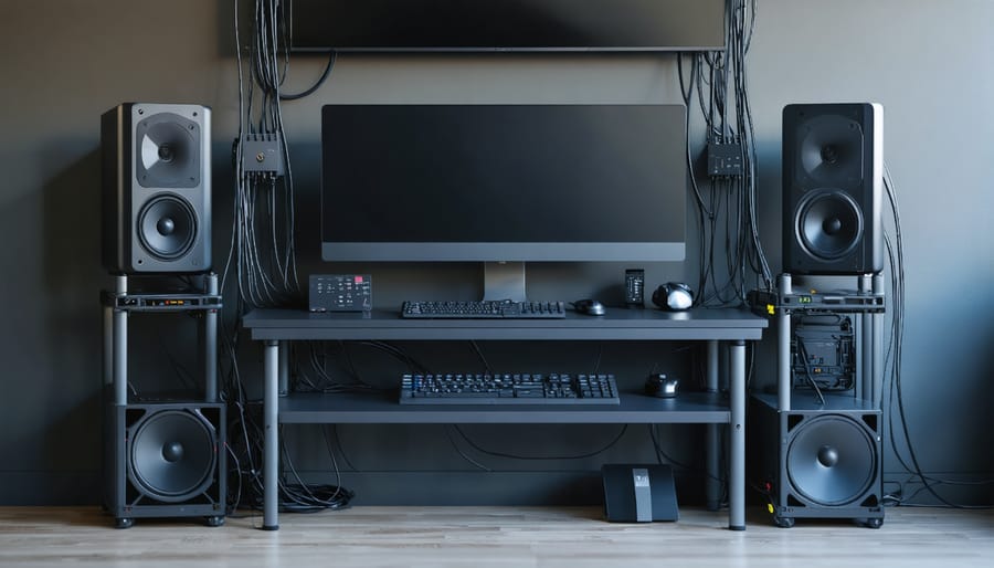 Organized cable management solution showing neat wire routing and hidden power solutions