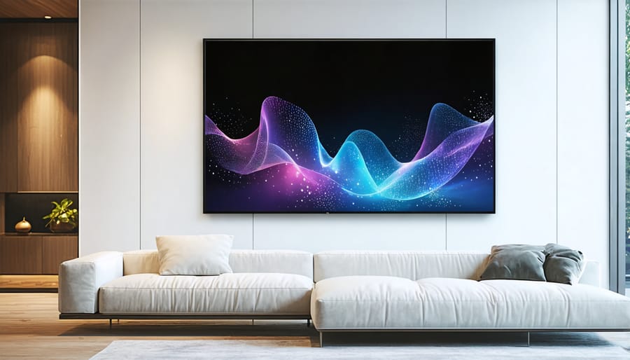 Smart digital canvas displaying vibrant abstract art in a contemporary living space