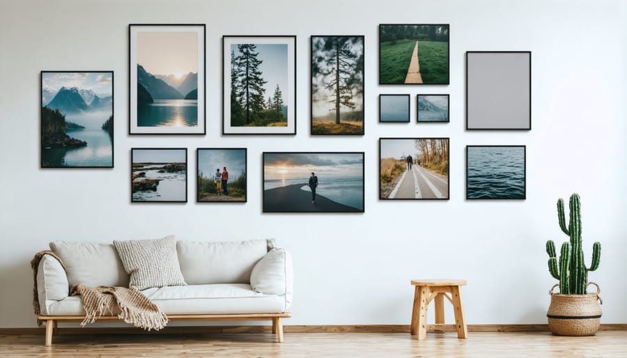 Mixed collection of handmade photo frames arranged artistically on a wall