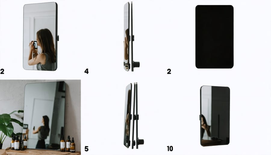 Tutorial sequence showing smart mirror construction process and finished product