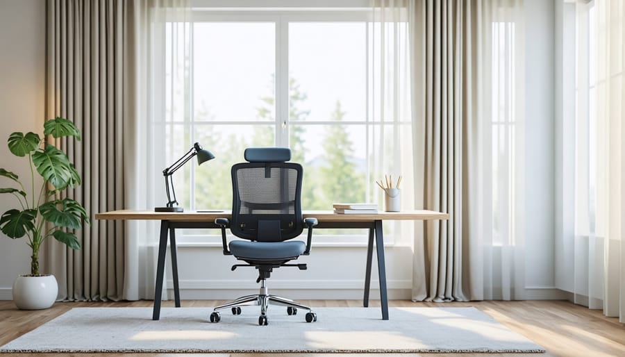 Ergonomic home office setup featuring natural light and comfortable furniture