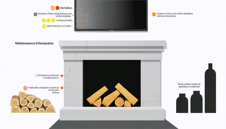 Completed fireplace with annotations showing key areas for regular maintenance and inspection