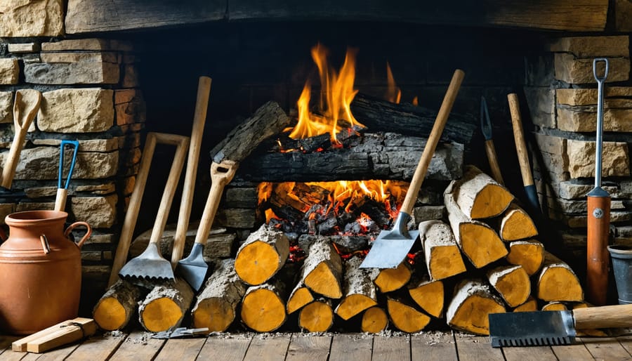 Layout of required tools and materials including firebricks, mortar, trowels, and safety equipment