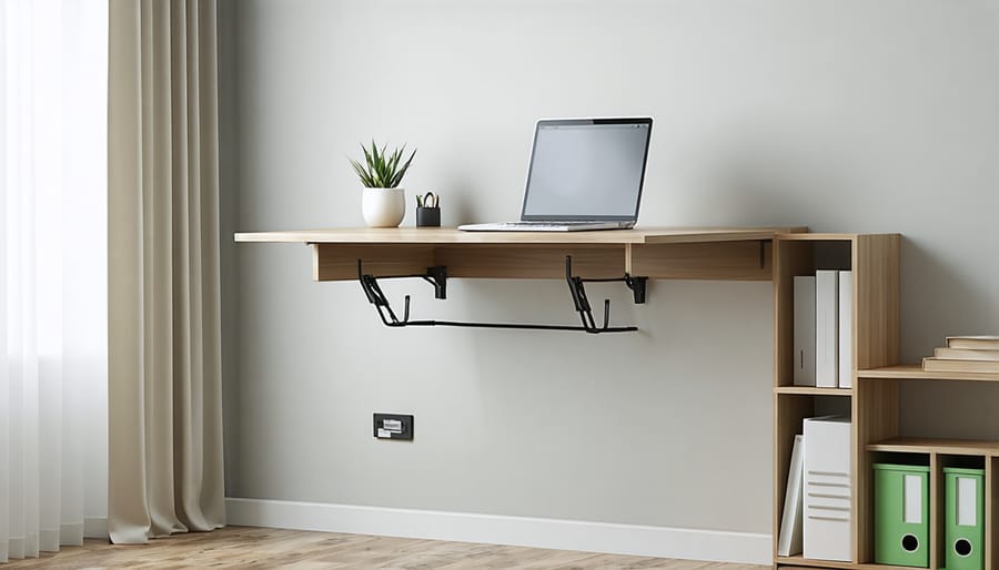 Space-saving folding desk mounted on wall with built-in storage compartments