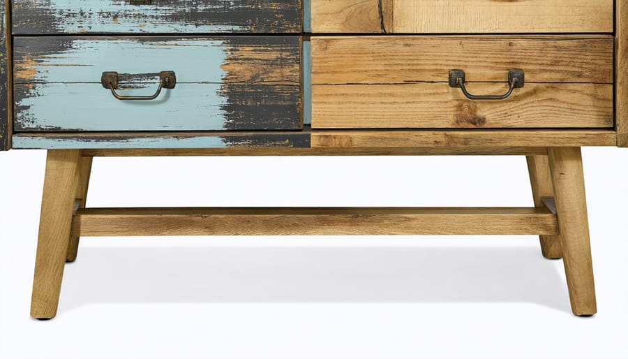 Side-by-side comparison of a modern dresser transformed with rustic vintage weathering techniques