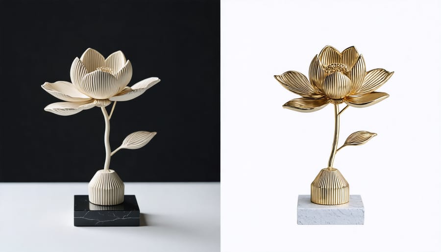 Comparison of various 3D printing materials showing different textures and finishes