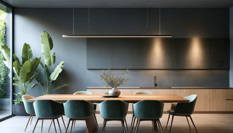Contemporary 4-foot LED pendant light illuminating a modern dining space
