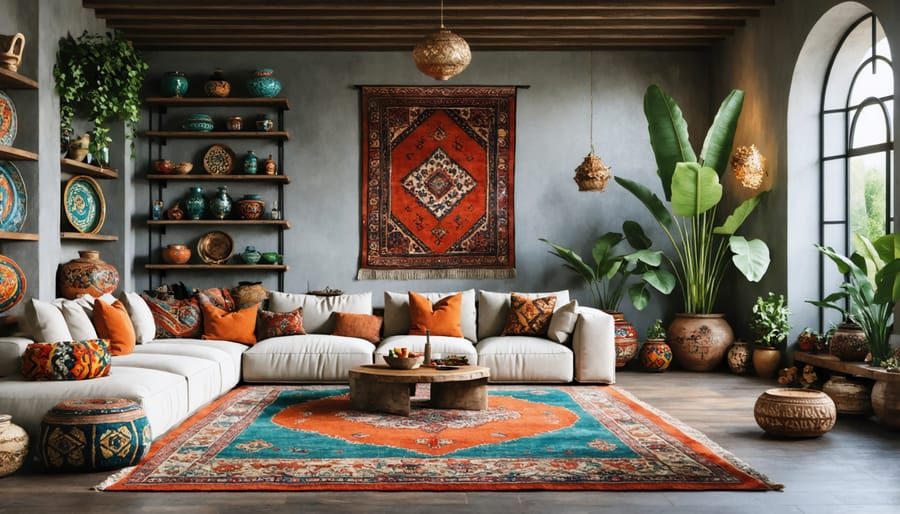 Contemporary interior design incorporating traditional cultural elements including handmade pottery and carpets