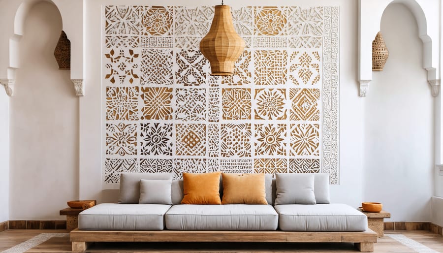 DIY wall stenciling process showing the creation of traditional Moroccan patterns