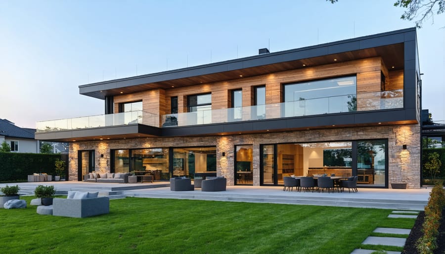 Contemporary house exterior showcasing organic modern design with wood and stone materials