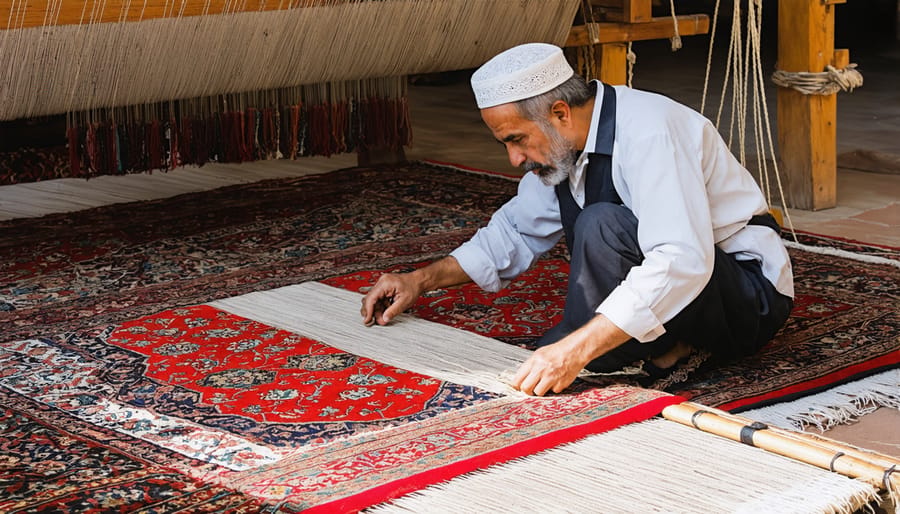 Artisan weaving a colorful Persian carpet using traditional methods on a wooden loom