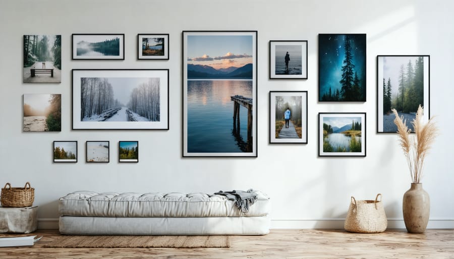 Personalized gallery wall displaying family photos, travel mementos, and meaningful artwork