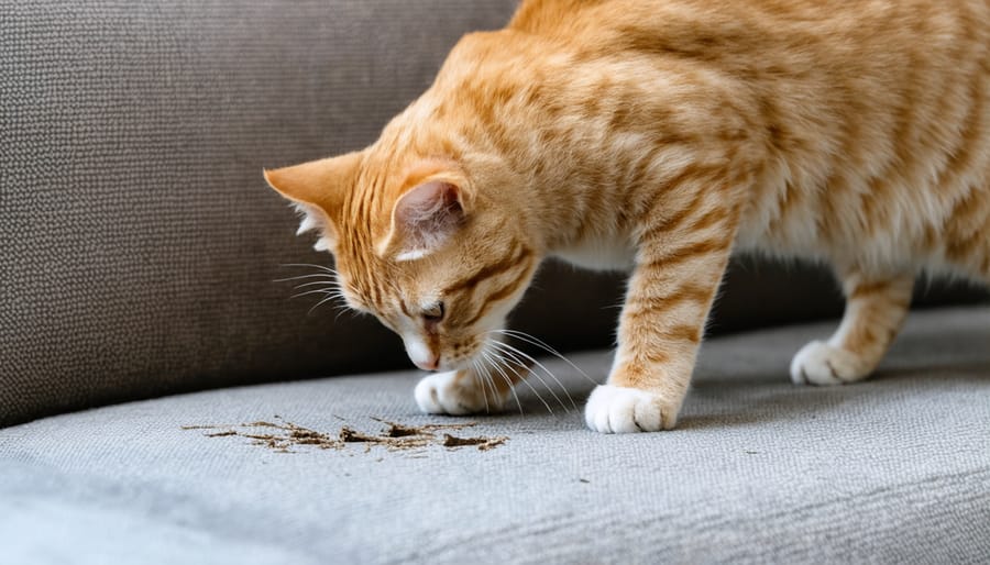 Cat scratching microfiber furniture showing durability with no visible damage