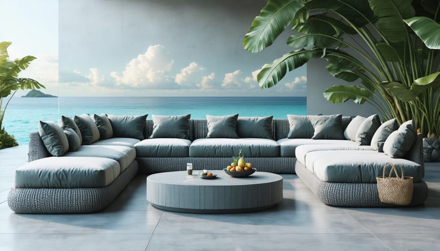 Contemporary outdoor furniture set constructed from recycled ocean plastic materials