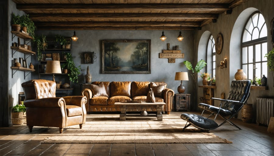 Rustic vintage living room with exposed wooden beams, worn leather furniture, and industrial metal elements