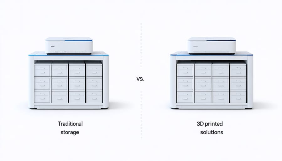 Comparison between conventional and 3D printed shelving units showing innovative designs