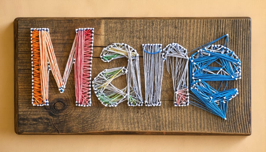 Personalized string art displaying a name using nails and colored thread