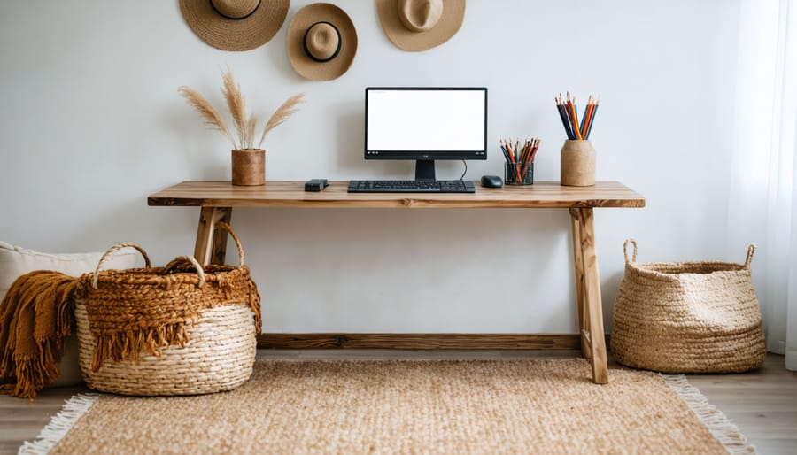 Home office showcasing various cozy textures and materials
